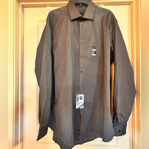 NWT Kenneth Cole Mens 2XL Dark Gray Striped Dress Shirt Stretch Non-Iron slimfit